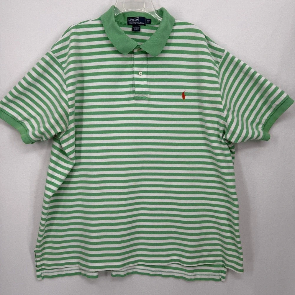 Polo Ralph Lauren Shirt Mens 3XB Green White Striped Short Sleeve Pique Cotton